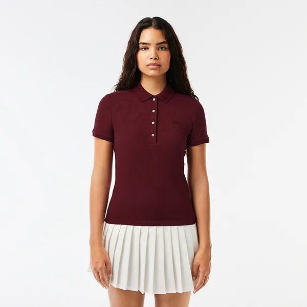 Áo Polo Nữ Lacoste Women's L.12.D Slim Fit Stretch Mini Piqué Polo PF5462-51 YUP Màu Đỏ Thẫm Size 38