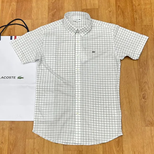 Áo Sơ Mi Cộc Tay Nam Lacoste Window Pen Biz Slim PH763EL F9F Màu Trắng Kẻ Size 3