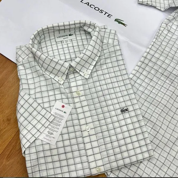 Áo Sơ Mi Cộc Tay Nam Lacoste Window Pen Biz Slim PH763EL F9F Màu Trắng Kẻ Size 3