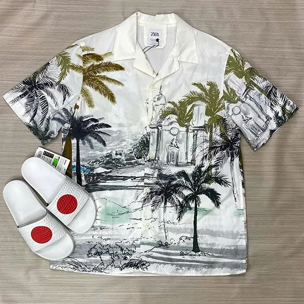 Áo Sơ Mi Cộc Tay Nam Zara Short Sleeved Shirt Màu Trắng Xanh Size M