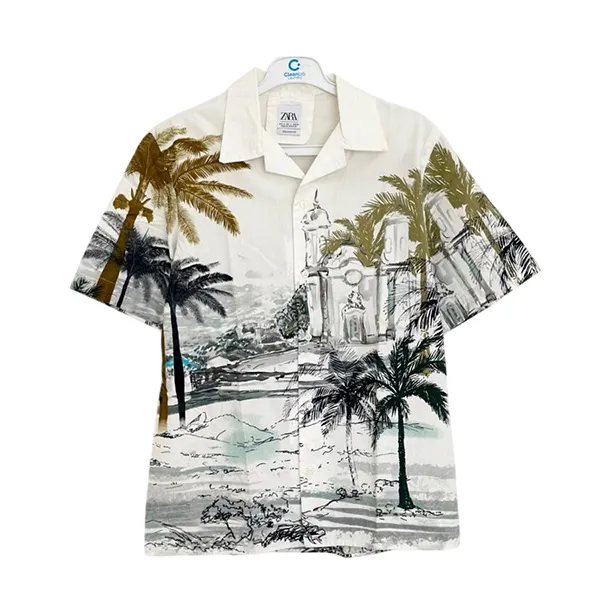 Áo Sơ Mi Cộc Tay Nam Zara Short Sleeved Shirt Màu Trắng Xanh Size M