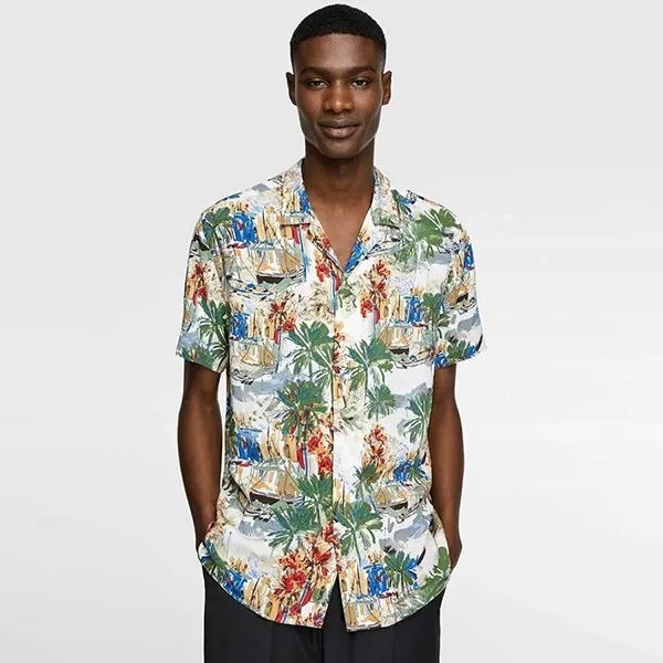 Áo Sơ Mi Cộc Tay Nam Zara Summer Staples Men's Hawaii Shirt Màu Xanh Trắng Size S