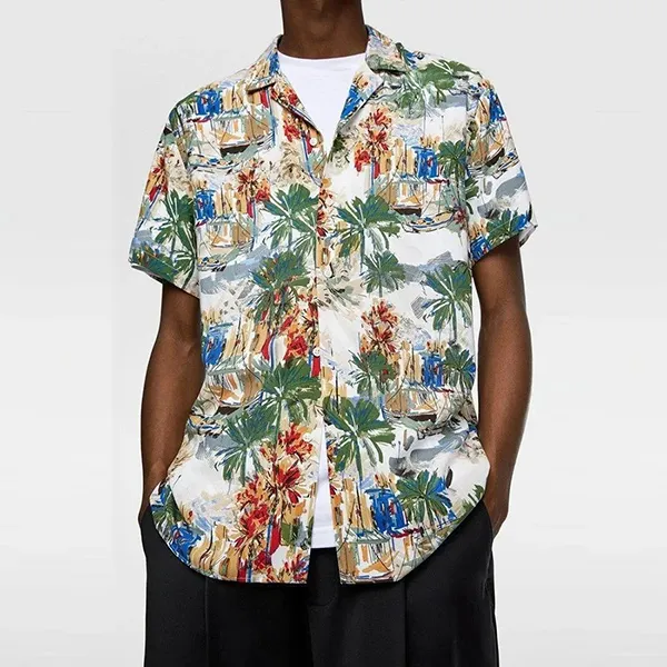 Áo Sơ Mi Cộc Tay Nam Zara Summer Staples Men's Hawaii Shirt Màu Xanh Trắng Size S