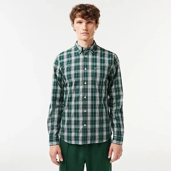 Áo Sơ Mi Dài Tay Nam Lacoste Slim Fit Stretch Plaid Shirt CH3745 IX9 Màu Xanh Green Size 40