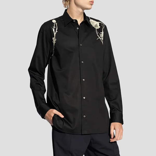Áo Sơ Mi Nam Alexander McQueen Printed Harness Cotton Sateen Shirt Black 795131 QNAAR 1001 Màu Đen Size 15+