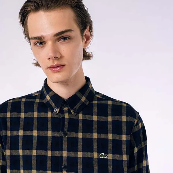 Áo Sơ Mi Nam Lacoste Men's Jacquard Plaid Shirt CH8406 166 Màu Xanh Navy Phối Vàng Size 38