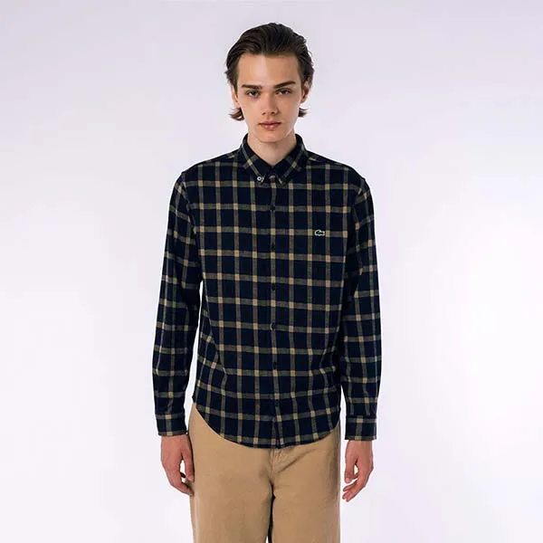 Áo Sơ Mi Nam Lacoste Men's Jacquard Plaid Shirt CH8406 166 Màu Xanh Navy Phối Vàng Size 38
