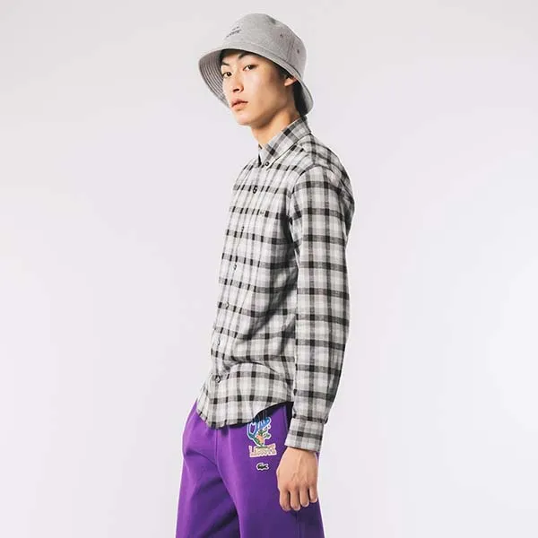 Áo Sơ Mi Nam Lacoste Men's Jacquard Plaid Shirt CH8406 Màu Xám Trắng Size 38