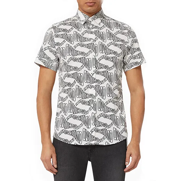 Áo Sơ Mi Nam Moschino Warped Logo Poplin Shirt Màu Đen Xám Size 40