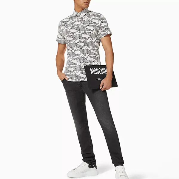Áo Sơ Mi Nam Moschino Warped Logo Poplin Shirt Màu Đen Xám Size 40