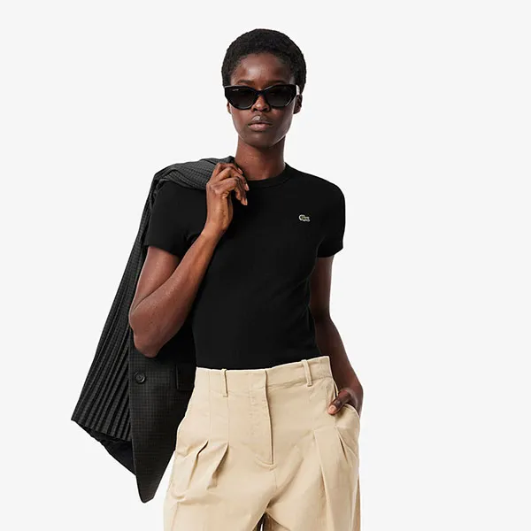 Áo Thun Nữ Lacoste Women's Slim Fit Ribbed Cotton T-shirt TF5538 54N 031 Màu Đen Size 36