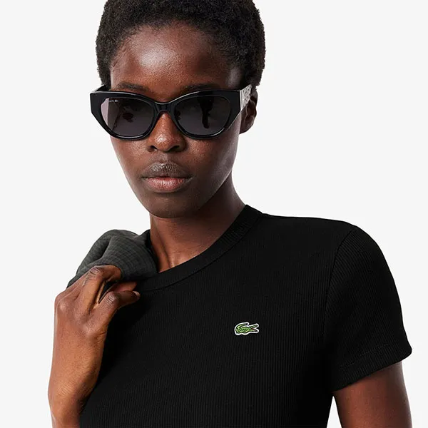 Áo Thun Nữ Lacoste Women's Slim Fit Ribbed Cotton T-shirt TF5538 54N 031 Màu Đen Size 36