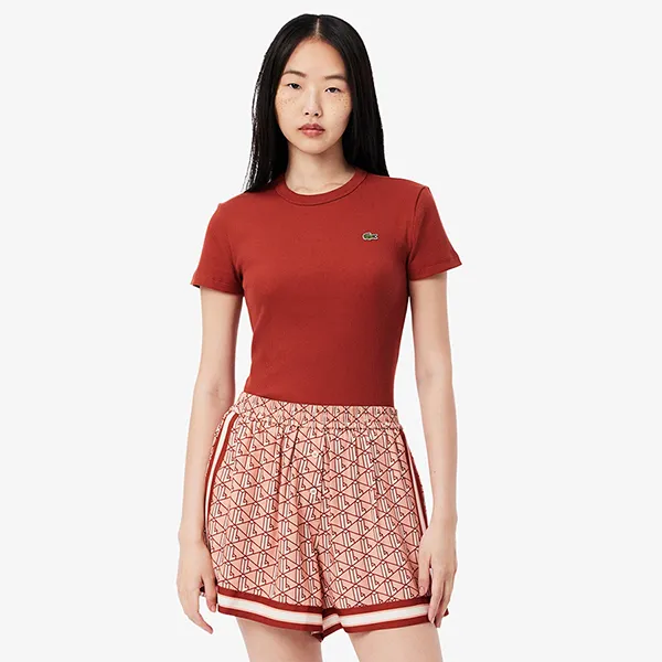 Áo Thun Nữ Lacoste Women's Slim Fit Ribbed Cotton Tshirt TF5538 51 AFS Màu Nâu Size 36