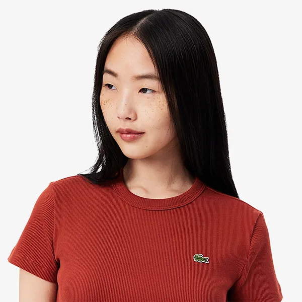 Áo Thun Nữ Lacoste Women's Slim Fit Ribbed Cotton Tshirt TF5538 51 AFS Màu Nâu Size 36