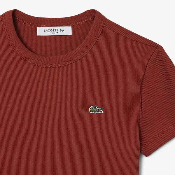 Áo Thun Nữ Lacoste Women's Slim Fit Ribbed Cotton Tshirt TF5538 51 AFS Màu Nâu Size 36