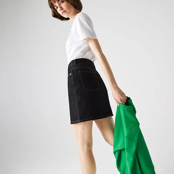 Chân Váy Lacoste Women’s Straight Mid-Length Denim Skirt JF7977-RNE Màu Xanh Đen Size 36