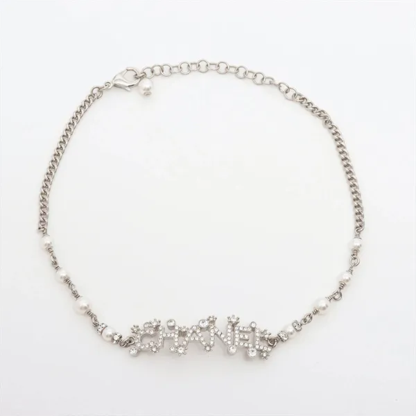 Dây Chuyền Nữ Chanel Logo F23P, GP x Rhinestone Màu Bạc