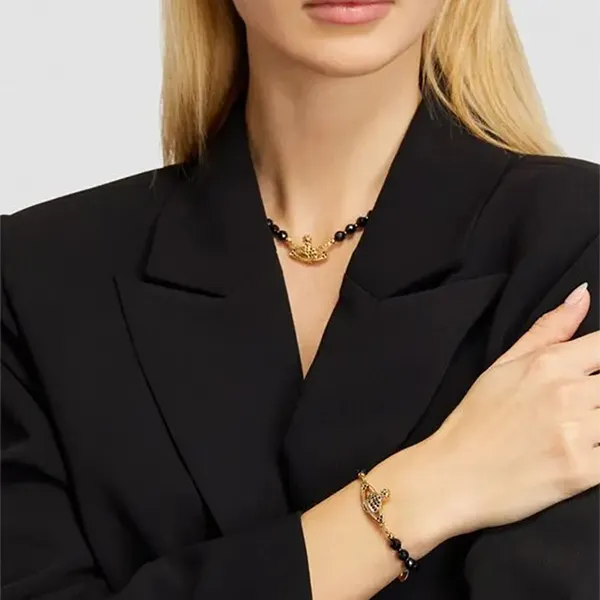 Dây Chuyền Nữ Vivienne Westwood Crystal Messaline Choker Necklace Màu Đen - Vàng