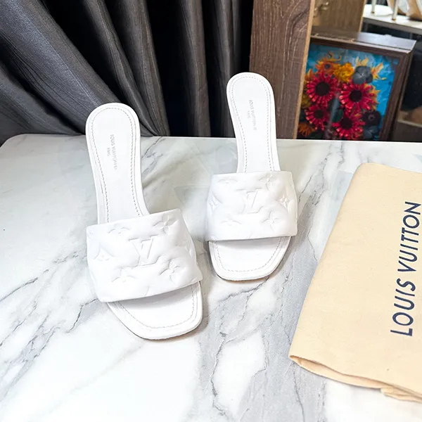 Dép Cao Gót Nữ Louis Vuitton LV White Monogram Leather Revival Slide Sandals Màu Trắng Size 38