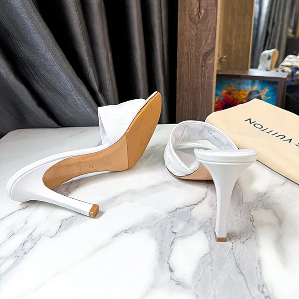 Dép Cao Gót Nữ Louis Vuitton LV White Monogram Leather Revival Slide Sandals Màu Trắng Size 38
