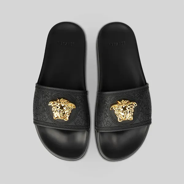 Dép Nam Versace Black With Medusa Gold Logo DSR262CN Màu Đen Size 39
