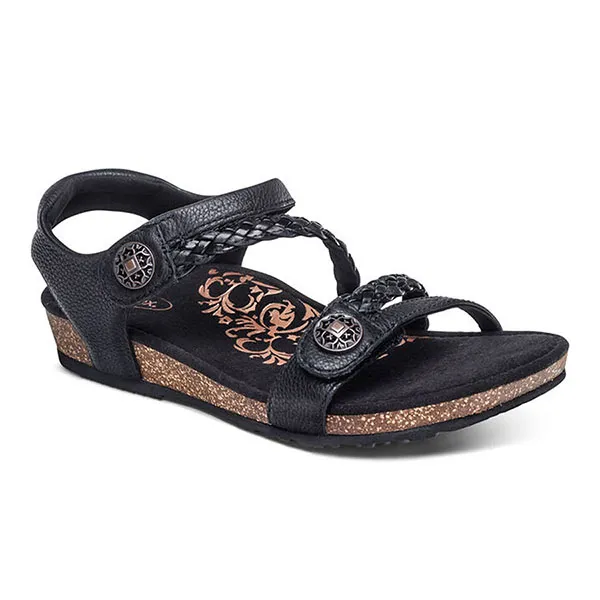 Dép Sandal Nữ Aetrex Jillian Braided Quarter Strap Sandal Black ‎Màu Đen Size 36