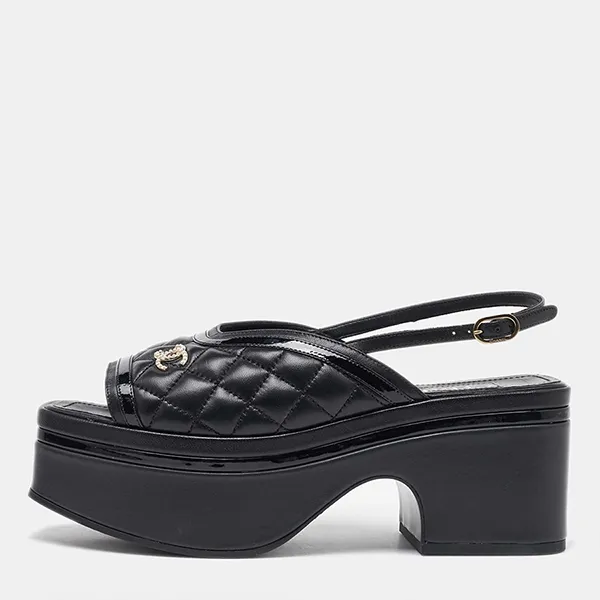 Dép Sandal Nữ Chanel Black Quilted Leather And Patent Leather CC Platform Slingback Màu Đen Size 38