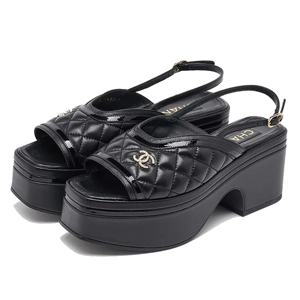 Dép Sandal Nữ Chanel Black Quilted Leather And Patent Leather CC Platform Slingback Màu Đen Size 38