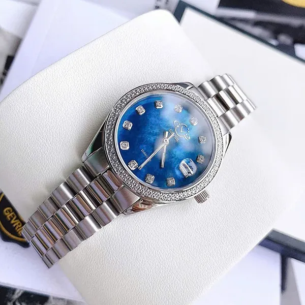 Đồng Hồ Nữ GV2 By Gevril 12429B Turin Swiss Diamond Watch Màu Bạc Xanh