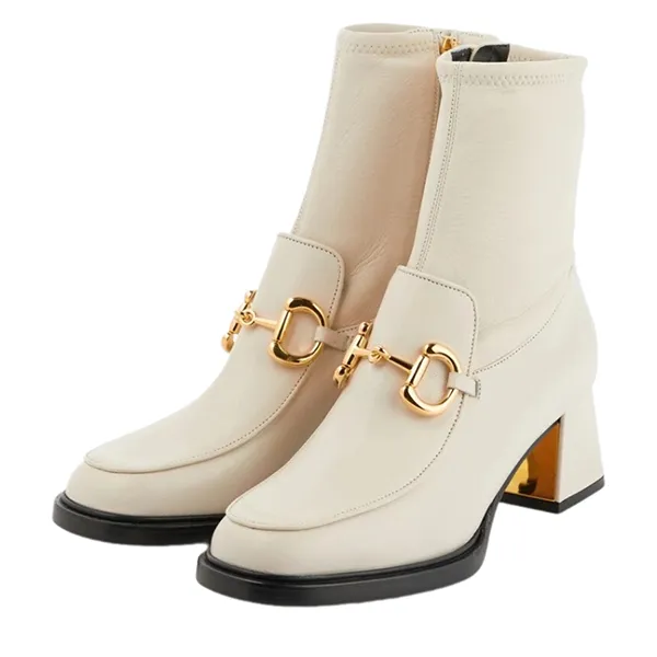 Giày Boot Nữ Gucci Women's Real Leather Metal Decor Side Zip Round Toe Block Heels Mid Calf Boot Màu Trắng Size 36