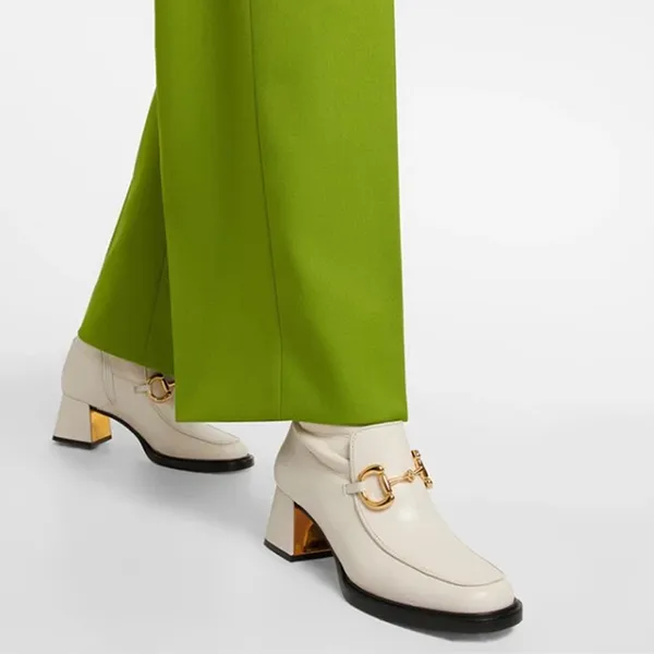 Giày Boot Nữ Gucci Women's Real Leather Metal Decor Side Zip Round Toe Block Heels Mid Calf Boot Màu Trắng Size 36
