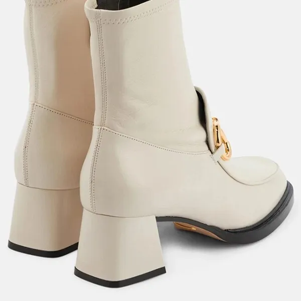 Giày Boot Nữ Gucci Women's Real Leather Metal Decor Side Zip Round Toe Block Heels Mid Calf Boot Màu Trắng Size 36
