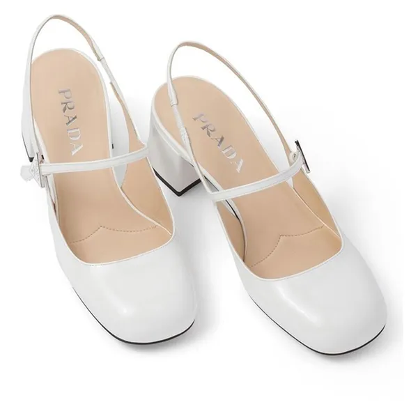 Giày Cao Gót Nữ Prada Triangle Logo Leather Slingback Pumps Màu Trắng Size 36