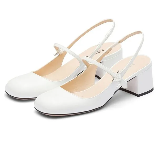 Giày Cao Gót Nữ Prada Triangle Logo Leather Slingback Pumps Màu Trắng Size 36