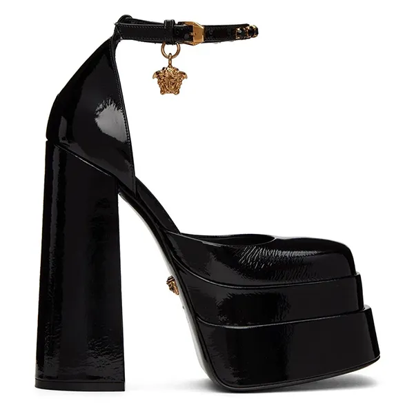 Giày Cao Gót Nữ Versace Medusa Aevitas Black Patent Crystal Logo Platform Pumps Màu Đen Size 37