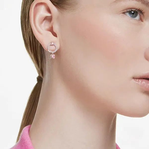 Khuyên Tai Nữ Swarovski Attract Drop Earrings Round Cut Pink Rhodium Plated 5723565 Màu Hồng