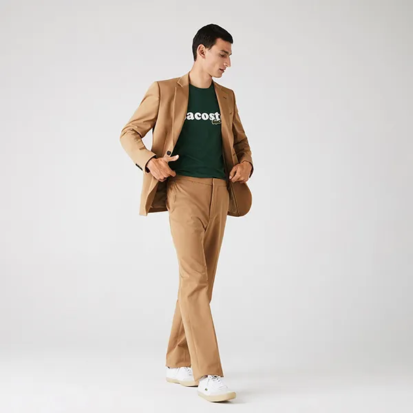 Quần Kaki Nam Lacoste Regular Stretch Cotton Pleated Chino Pants HH3488-02S Màu Nâu Be Size 32