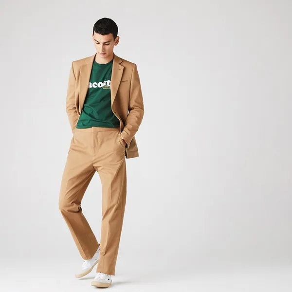 Quần Kaki Nam Lacoste Regular Stretch Cotton Pleated Chino Pants HH3488-02S Màu Nâu Be Size 32
