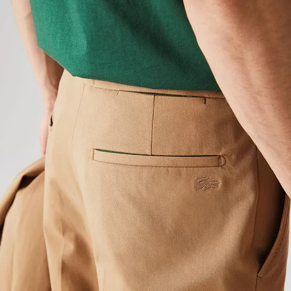 Quần Kaki Nam Lacoste Regular Stretch Cotton Pleated Chino Pants HH3488-02S Màu Nâu Be Size 32