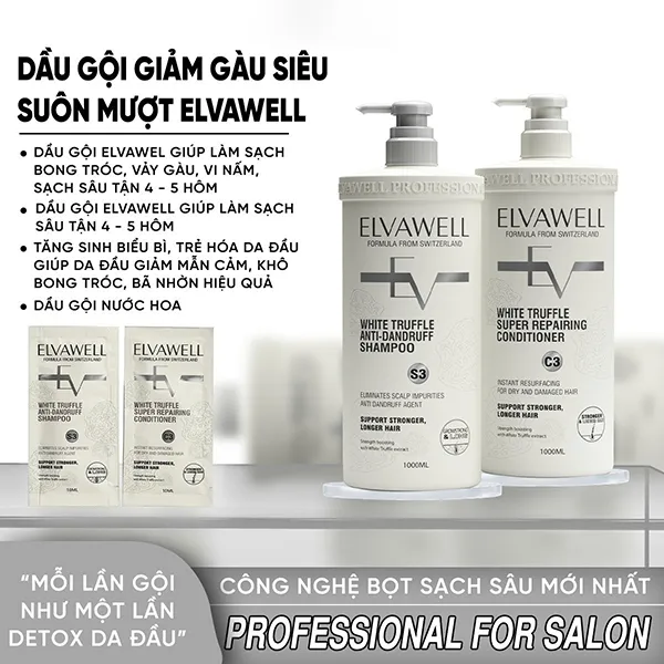 Set Dầu Gội Và Xả Hỗ Trợ Giảm Gàu, Siêu Suôn Mượt Elvawell White Truffle (1000ml x 2)