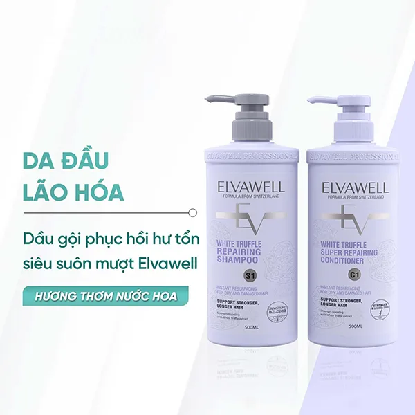 Set Dầu Gội Và Xả Phục Hồi Hư Tổn Siêu Suôn Mượt Elvawell White Truffle (500ml x 2)