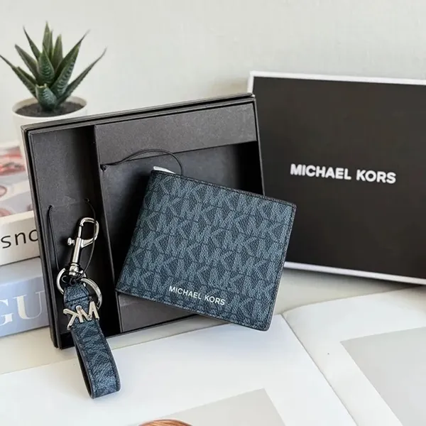 Set Ví Nam + Móc Khoá Michael Kors MK Logo Wallet And Key Chain 36T4LGFF1B Màu Xanh Navy