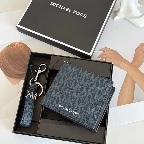 Set Ví Nam + Móc Khoá Michael Kors MK Logo Wallet And Key Chain 36T4LGFF1B Màu Xanh Navy