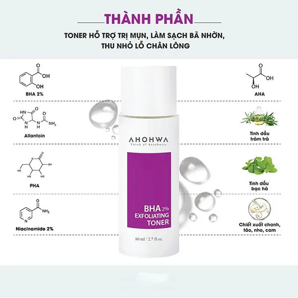 Toner Ahohwa BHA 2% Exfoliating Hỗ Trợ Kiểm Soát Dầu, Làm Sạch Da, Cải Thiện Lỗ Chân Lông 80ml