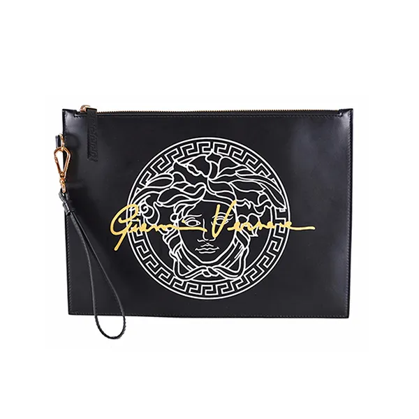 Túi Cầm Tay Nam Versace Leather Gianni Script Medusa Head Logo Large Wristlet Purse Màu Đen