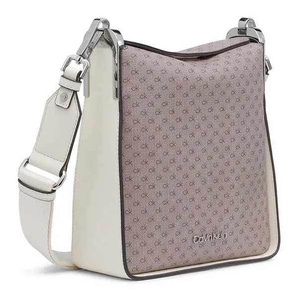 Túi Đeo Chéo Nữ Calvin Klein CK Fay Signature Adjustable Magnetic Top Closure -Almond Taupe/Cherub White Màu Trắng Nâu
