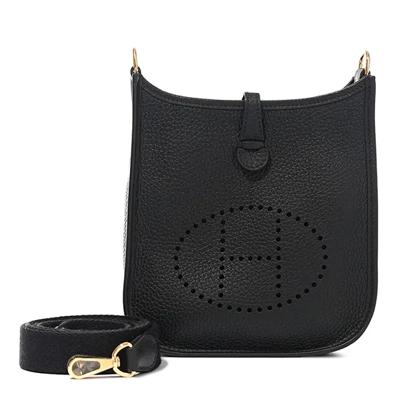 Túi Đeo Chéo Nữ Hermès Black Clemence Mini Evelyne II TPM 16 Gold Hardware Màu Đen