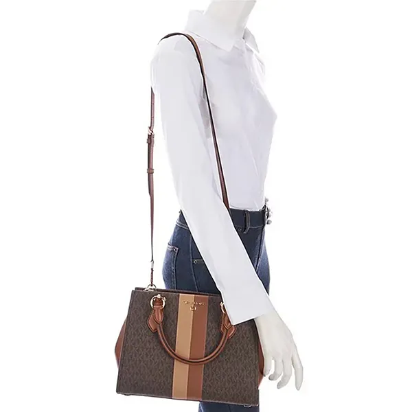 Túi Đeo Chéo Nữ Michael Kors MK Marilyn Medium Logo Stripe Satchel Màu Nâu