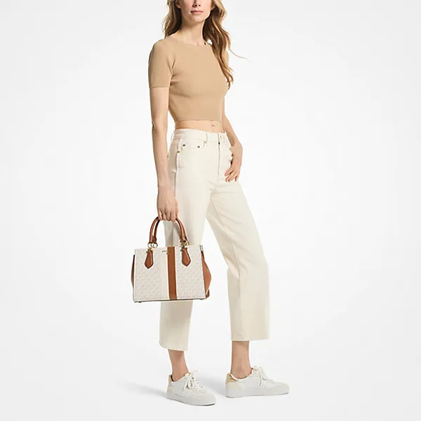 Túi Đeo Chéo Nữ Michael Kors MK Marilyn Medium Logo Stripe Satchel Màu Nâu Trắng