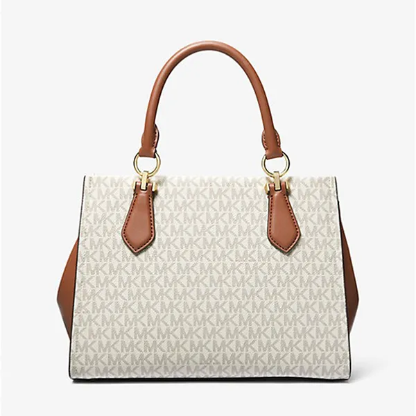 Túi Đeo Chéo Nữ Michael Kors MK Marilyn Medium Logo Stripe Satchel Màu Nâu Trắng